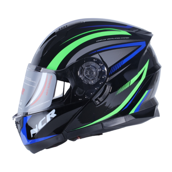 KASK ÇENE AÇILIR VİSORLÜ 162  ECE BELGELİ- NEON MAVİ YEŞİL GRAFİK
